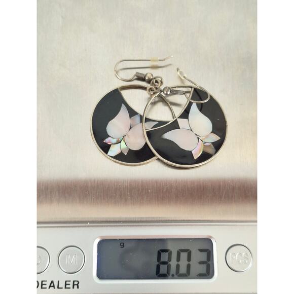 Vintage Alpaca Silver Mother of Pearl Black Enamel Dangle Earrings - Picture 6 of 6